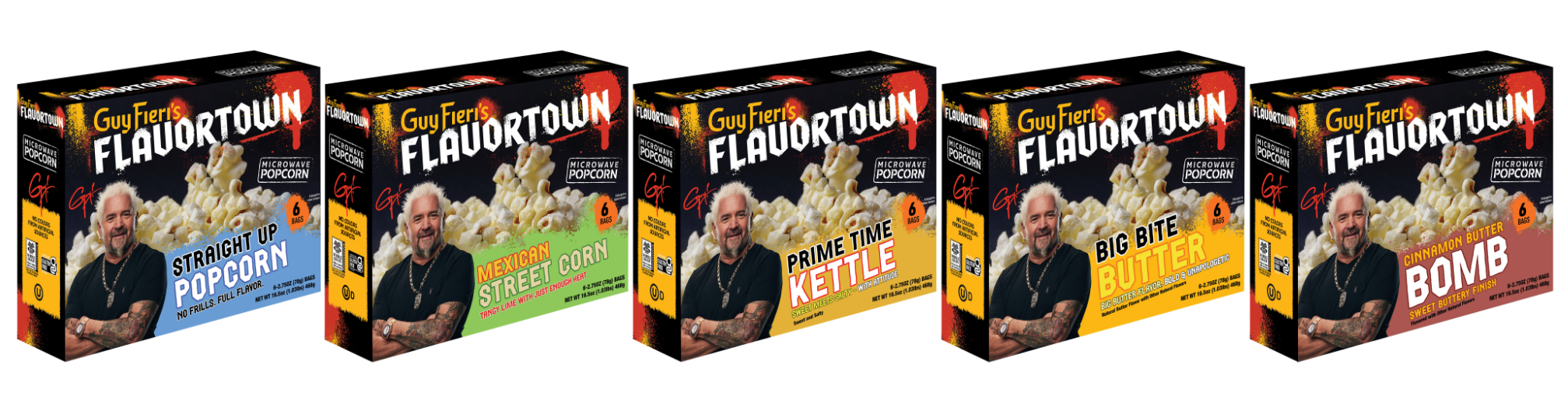 Five boxes of Guy Fieri's Flavortown microwave popcorn in a row, each with a different flavor: Straight Up Popcorn, Mexican Street Corn, Prime Time Kettle, Big Bite Butter, Cinnamon Butter Bomb.