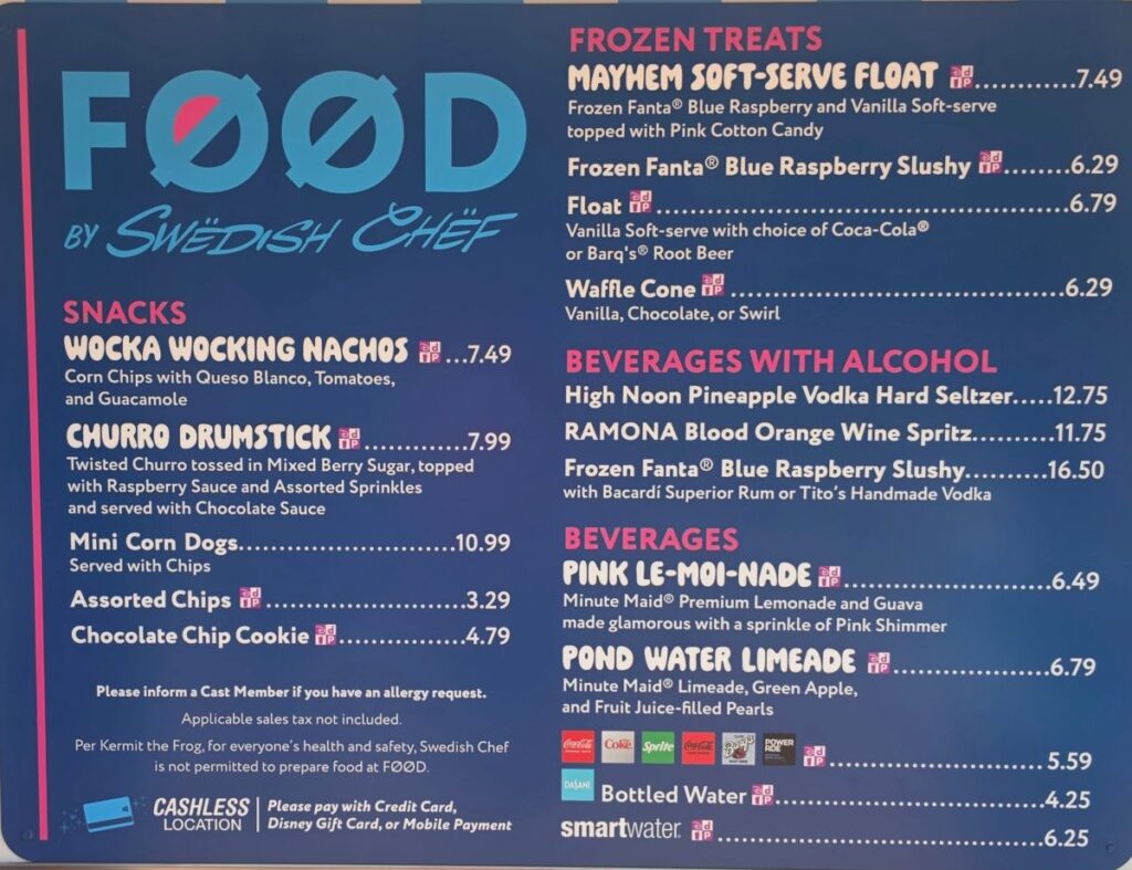 Menu board titled 'FOOD by Swedish Chef' listing snacks and drinks, including Wocka Wocking Nachos, Churro Drumstick, Mini Corn Dogs, Frozen Treats, and beverages with prices.