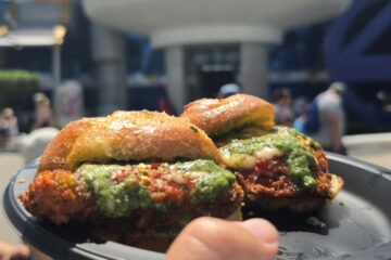 Two fried chicken sliders with green sauce on a black plate, held up outdoors at a sunny theme park.