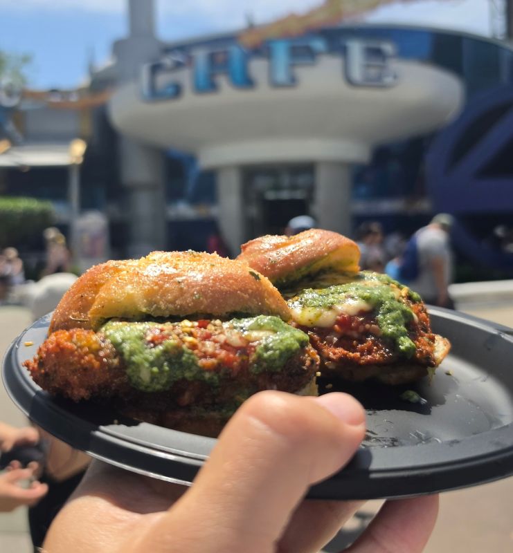 Two fried chicken sliders with green sauce on a black plate, held up outdoors at a sunny theme park.