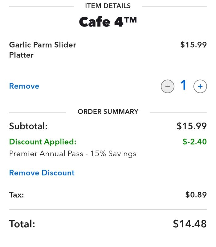 Order details for Cafe 4™: Garlic Parm Slider Platter, quantity 1, subtotal $15.99, discount -$2.40, tax $0.89, total $14.48