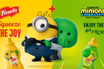 Promo image for green minion mustard for French's collaboration. The image shows Gommi, a new character, hugging another minion.