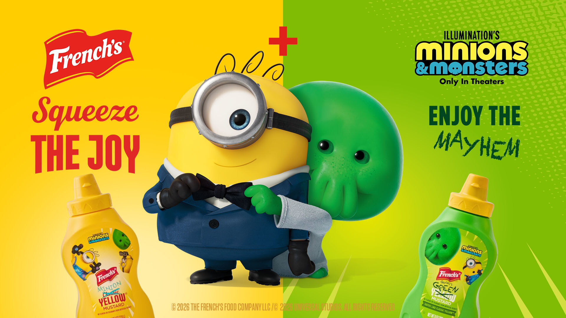Promo image for green minion mustard for French's collaboration. The image shows Gommi, a new character, hugging another minion.