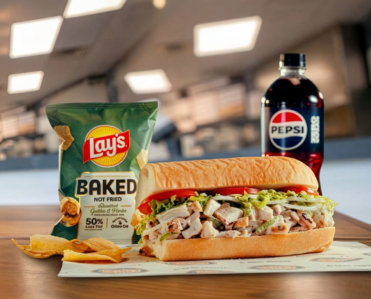 Jersey Mike's Chicken Salad Sandwich on a bun with chicken salad, lettuce, and tomato on a plate, with a bag of Lay's Baked Not Fried chips and a bottle of Pepsi in a casual dining setting.
