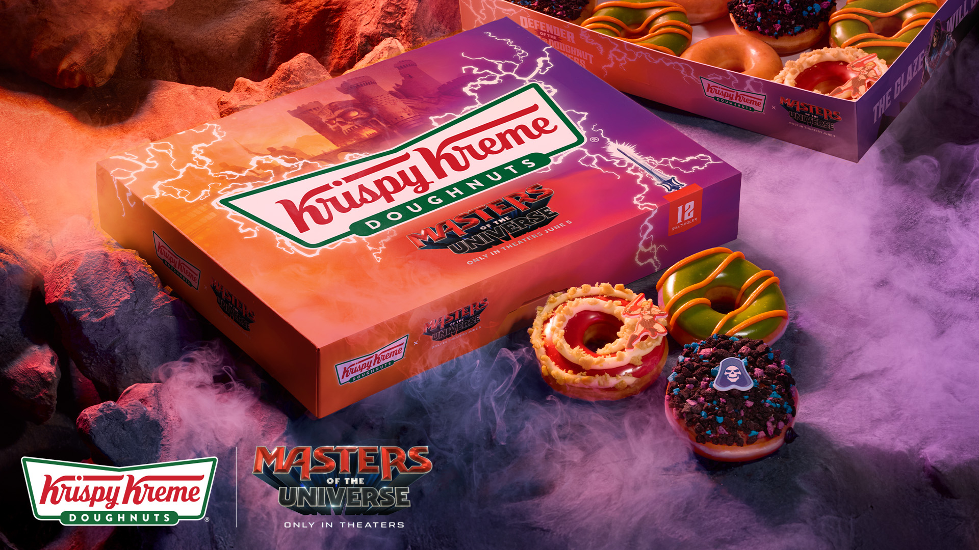 Krispy Kreme Masters of the Universe colorful box showing the three limited-time doughntus