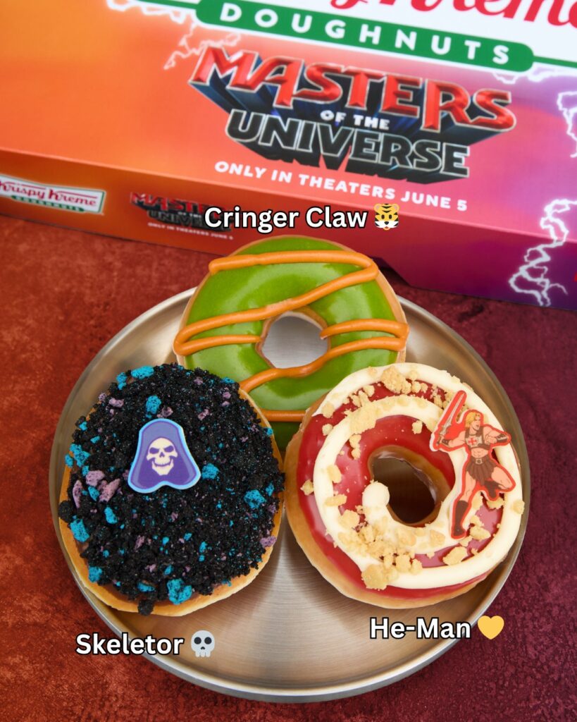 Krispy Kreme Masters of the Universe Doughnuts showing with all three on a plate.