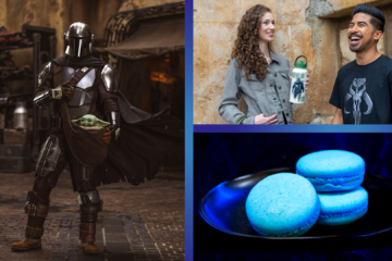 Collage: Mandalorian with Baby Yoda in a dim workshop, a pair of friends chatting by a stone wall, and bright blue macarons on a plate.
