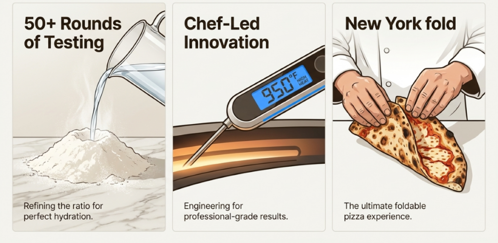 Three-panel infographic: left shows a mound of powder being poured from a beaker with the headline “50+ Rounds of Testing” and the caption “Refining the ratio for perfect hydration.” First panel emphasizes testing and hydration. In the center, a digital thermometer reads 956°F as it touches a heated surface, with the headline “Chef-Led Innovation” and caption “Engineering for professional-grade results.” The right panel depicts hands folding a slice of pizza, titled “New York fold” with caption “The ultimate foldable pizza experience.”