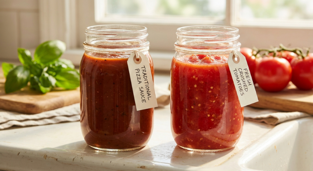 Two glass jars of homemade pizza sauce on a bright kitchen counter, labeled 'Traditional Pizza Sauce' and 'Fresh Crushed Tomatoes' with basil and tomatoes in the background.