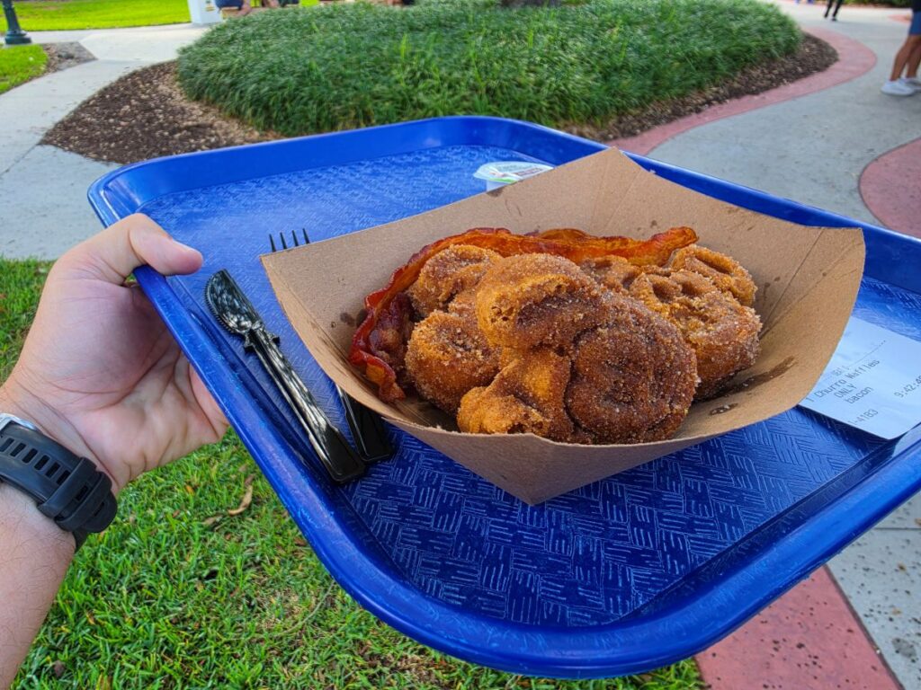 Hand holding a blue plastic tray with a brown paper boat filled with Mickey Churro Waffles outdoors in a park. A fork and a knife rest on the tray near the container.