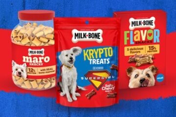 Assorted Milk-Bone Supergirl treats: a jar of morsels, a Krypto treats bag, and a Flavor Snacks bag against a blue and red background.