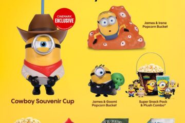 Promotional poster for Illumination's Minions & Monsters merchandise with a bright yellow background; features various Minions merchandise (Cowboy Souvenir Cup, popcorn buckets, snack pack, blankets, icee cup, and tins) and the release date July 1.