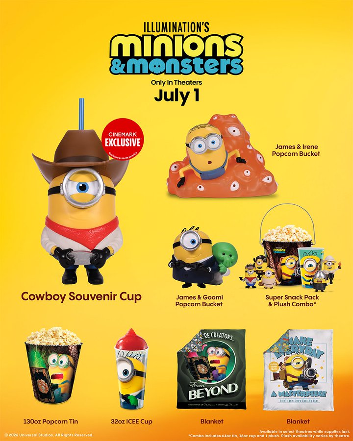 Promotional poster for Illumination's Minions & Monsters merchandise with a bright yellow background; features various Minions merchandise (Cowboy Souvenir Cup, popcorn buckets, snack pack, blankets, icee cup, and tins) and the release date July 1.