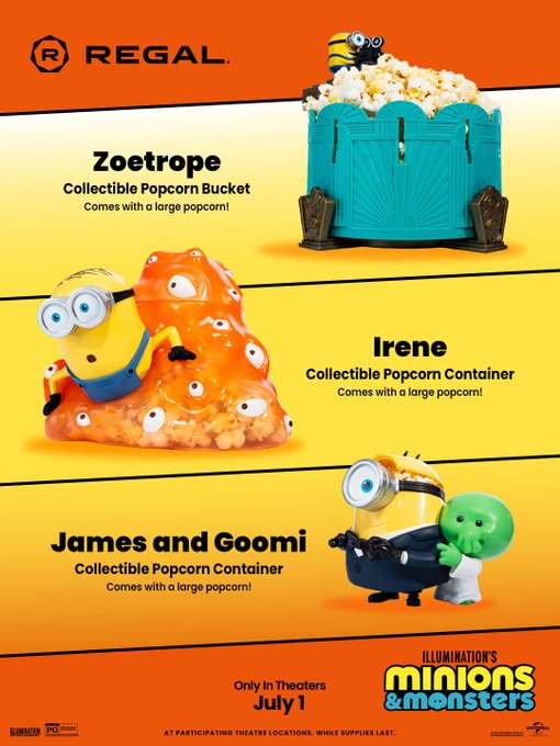 Promotional Minions & Monsters poster with three popcorn containers—Zoetrope, Irene, and James & Goomi—on a yellow-orange gradient background with Regal logo.