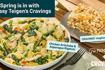 Noodles & Company CRAVINGS menu items photo showing Chicken Artichoke & Asparagus Rigatoni and CRAVINGS-inspired crispy treat