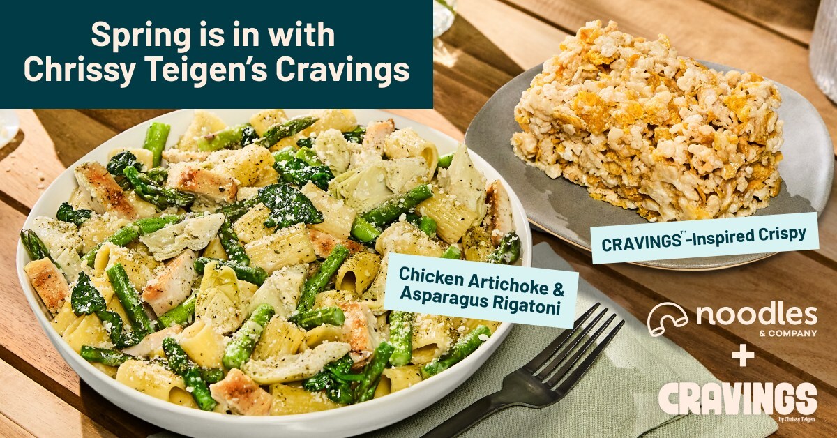Noodles & Company CRAVINGS menu items photo showing Chicken Artichoke & Asparagus Rigatoni and CRAVINGS-inspired crispy treat