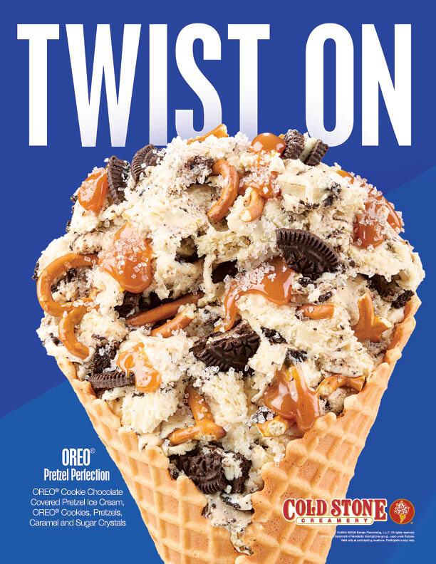 Ice cream cone loaded with Oreo cookies, pretzel pieces, and caramel on a blue background with 'TWIST ON' text above.