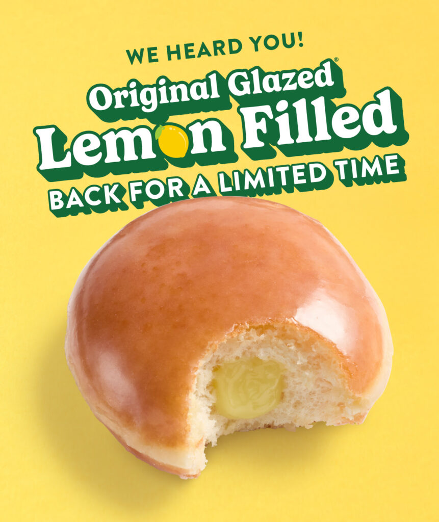 Promotional image announcing a lemon-filled glazed donut returning for a limited time
