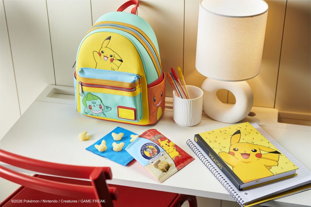 Collection of school supplies shown with Pirate's Booty Pikachu shaped puffs