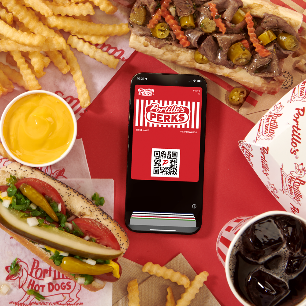 Portillo's Perks promotion image showing phone display surrounded by food