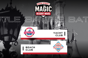 Promotional banner for Main Street Magic: Resort Wars featuring Yacht Club and Beach Club logos over a castle backdrop (black-and-white).