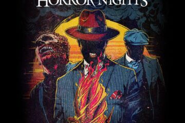 Poster for Universal Studios Halloween Horror Nights showing three shadowy men in suits, with a central flaming figure and the word SINNERS at the bottom