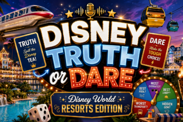 Colorful game cover for 'Disney Truth or Dare' with neon lettering, a resort backdrop, gondola cabins, and a spinning wheel motif of questions.