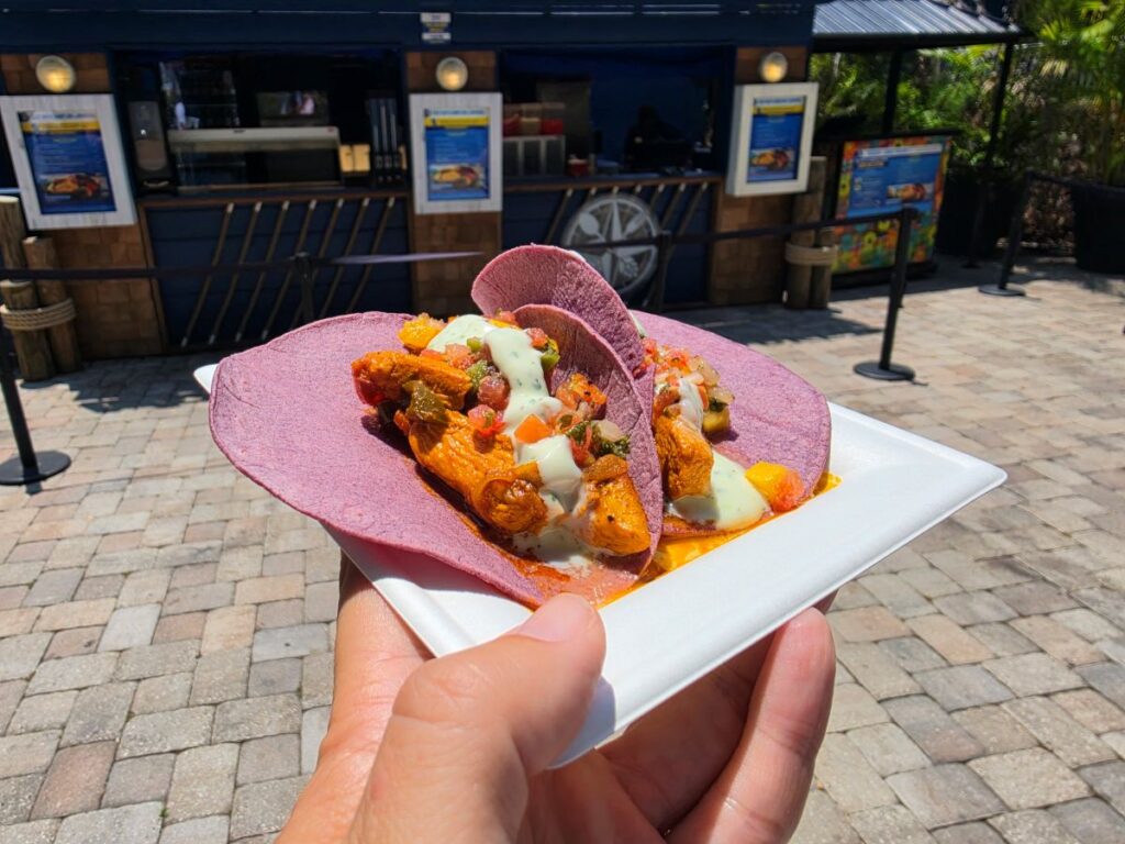 Blue corn tortillas filled with seasoned chicken, salsa and crema on a white square plate, held outdoors near a blue counter for Seven Seas Food festival