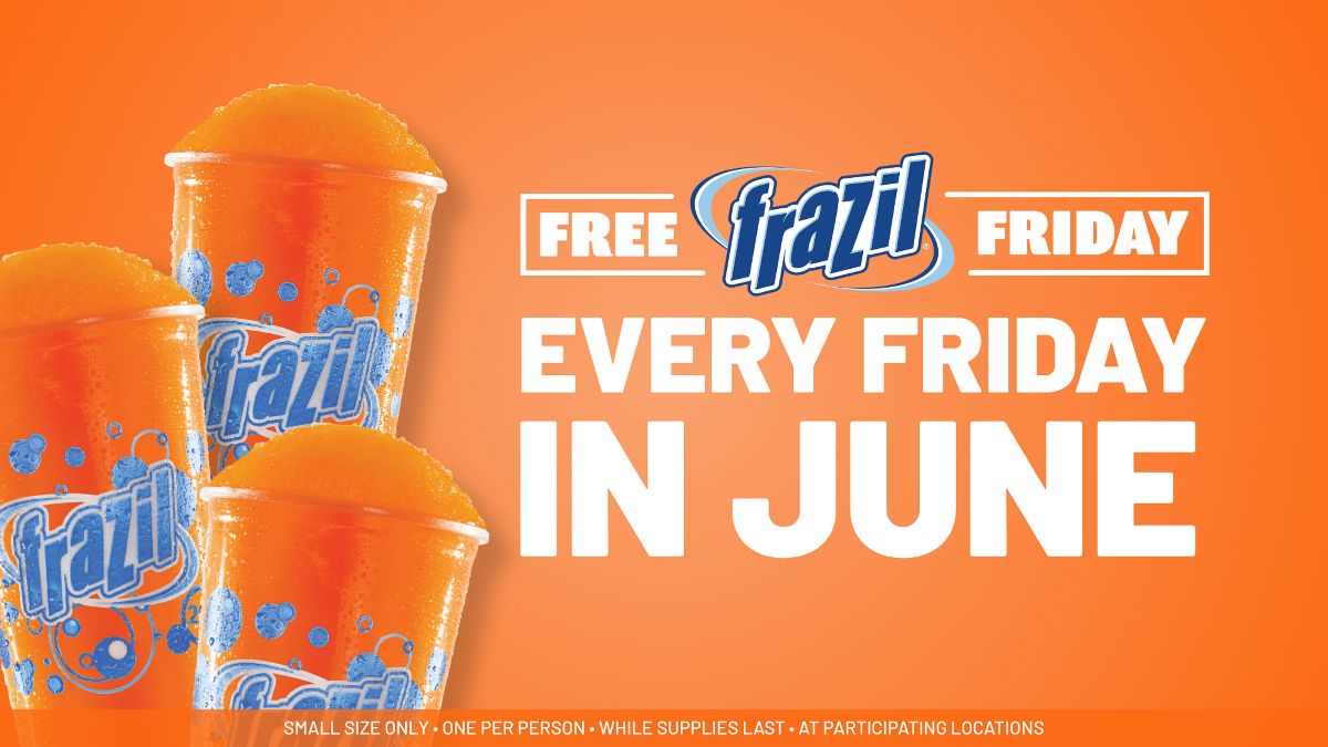 Promotional image for Free Frazil Fridays showing an orange slushie