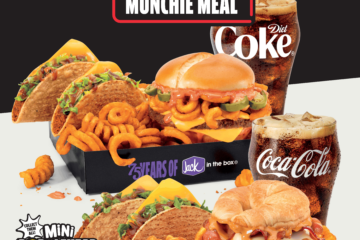 Promotional collage of Jack in the Box Hot Ones items: burgers, tacos, onion rings, Diet Coke, and a 75th anniversary box for Hot Ones Munchie Meal promotion