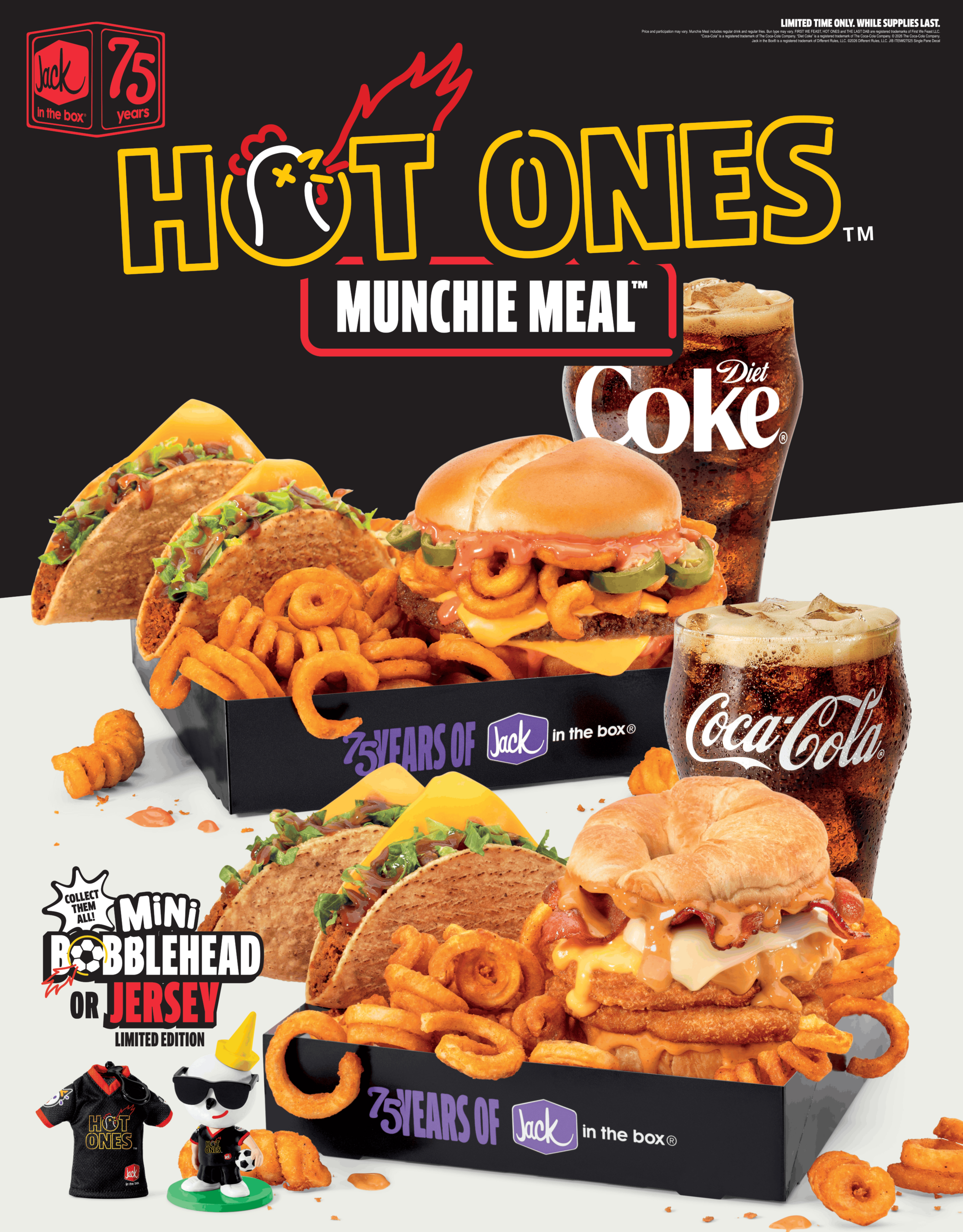 Promotional collage of Jack in the Box Hot Ones items: burgers, tacos, onion rings, Diet Coke, and a 75th anniversary box for Hot Ones Munchie Meal promotion