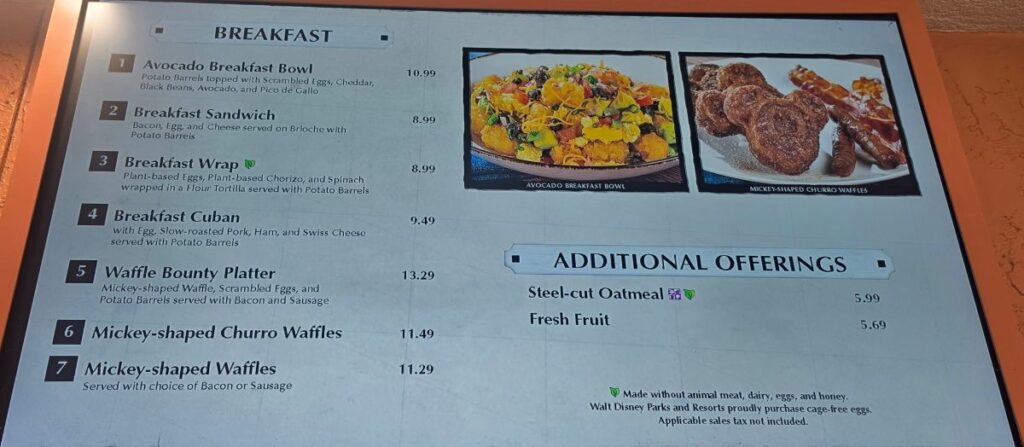 Restaurant breakfast menu listing items 1–7 with prices, two dish photos, and an 'Additional Offerings' section.