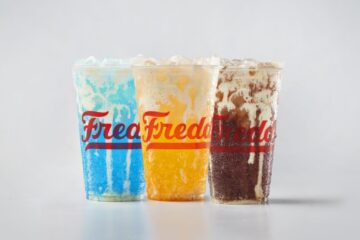 Freddy's new lineup of premium beverages, Freddy's Bevies, is now available. Pictured from L to R: Blue Rizzberry Cream Soda, Golden Hour Orange Custard Cream Soda, Coco Loco Custard Cream Soda for your next Freddy's theme park break