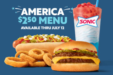 Promotional banner for Sonic Drive-In's "America $2.50 Menu," available through July 12. The graphic features a dark blue background behind an arrangement of menu items: an All-American hot dog topped with mustard, relish, and onions; a Jr. Double Cheeseburger with pickles, mustard, and ketchup; a pile of golden-brown medium onion rings; and a layered Red, White & Blue Slush Float featuring the Sonic logo.