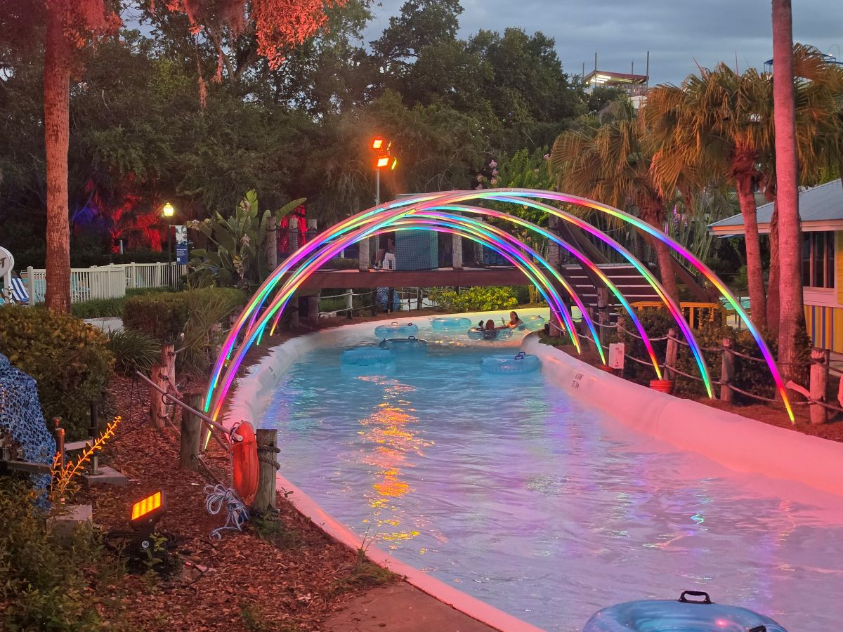 Glowing lights shown above the lazy river