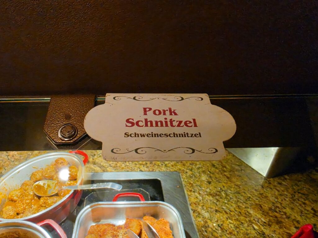 Biergarten Epcot review- pork schnitzel sign