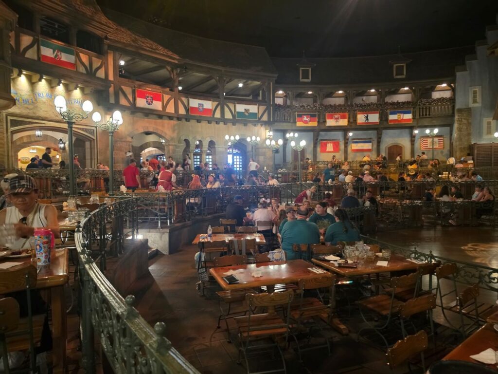 Biergarten seating area showing plenty of tables