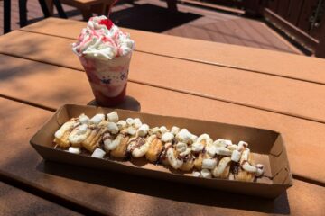 Blizzard Beach treats overhead view of a S'mores Churro tray loaded with mini marshmallows and chocolate drizzle alongside a layered strawberry shortcake dessert.