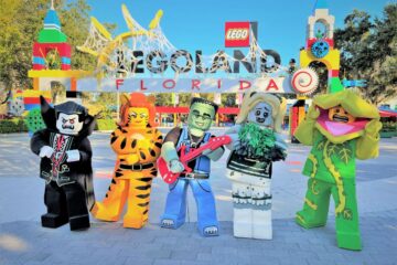 Legoland Florida Brick-or-Treat image with LEGO monsters dancing outside the theme park entrance