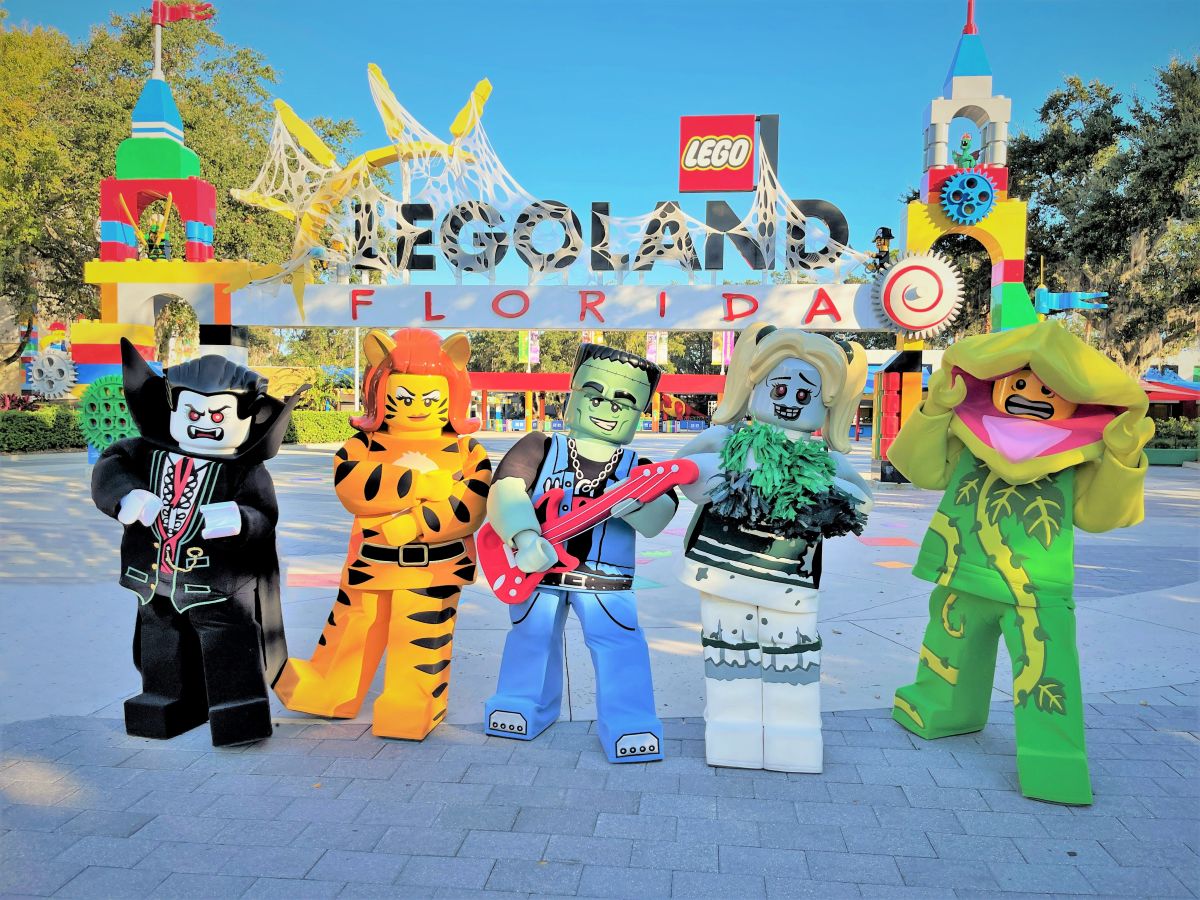 Legoland Florida Brick-or-Treat image with LEGO monsters dancing outside the theme park entrance