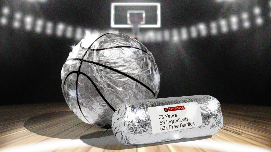 Chipotle Free Burrito Campaign promotional image showing a burrito and a basketball wrapped in foil