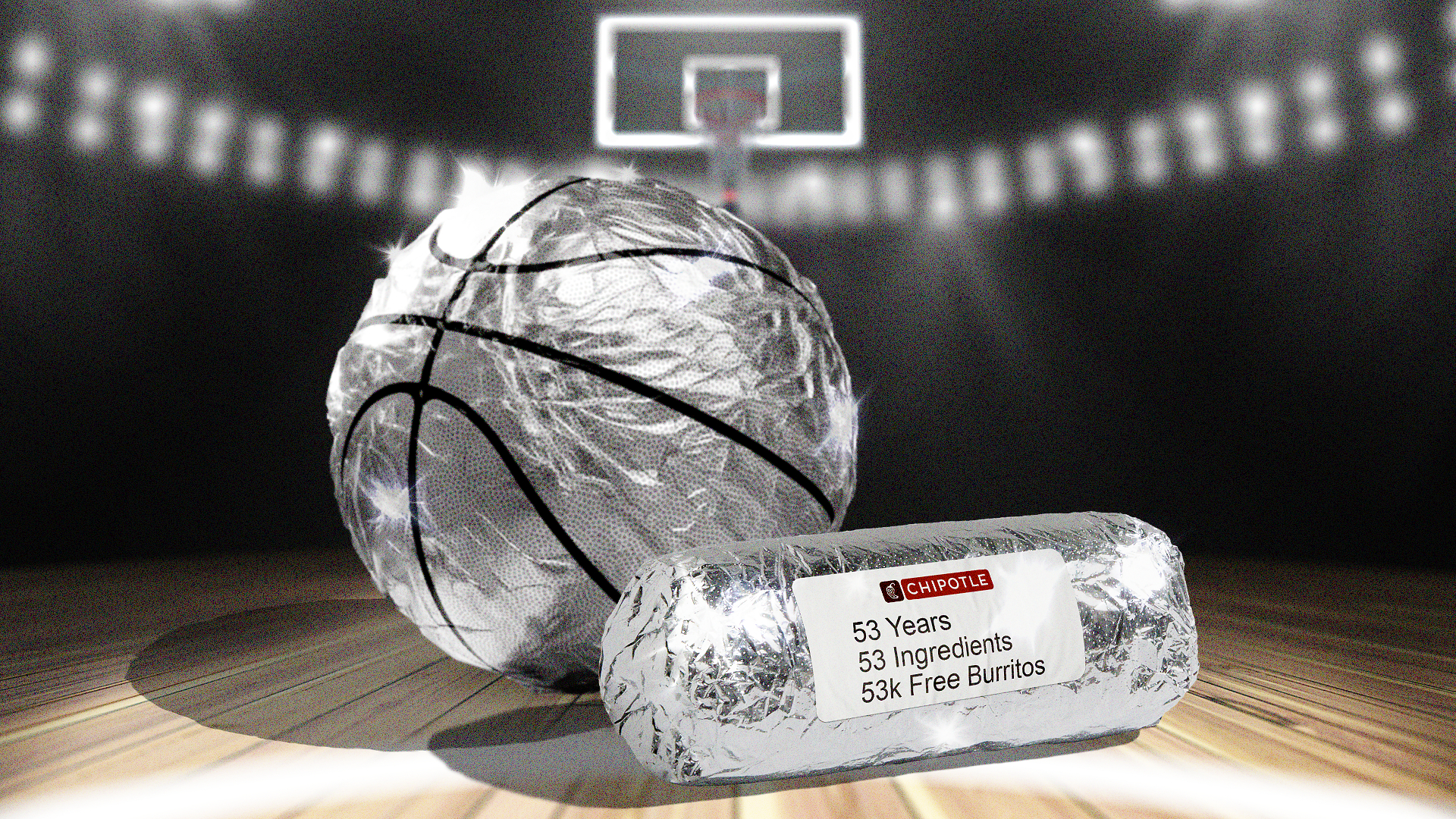 Chipotle Free Burrito Campaign promotional image showing a burrito and a basketball wrapped in foil