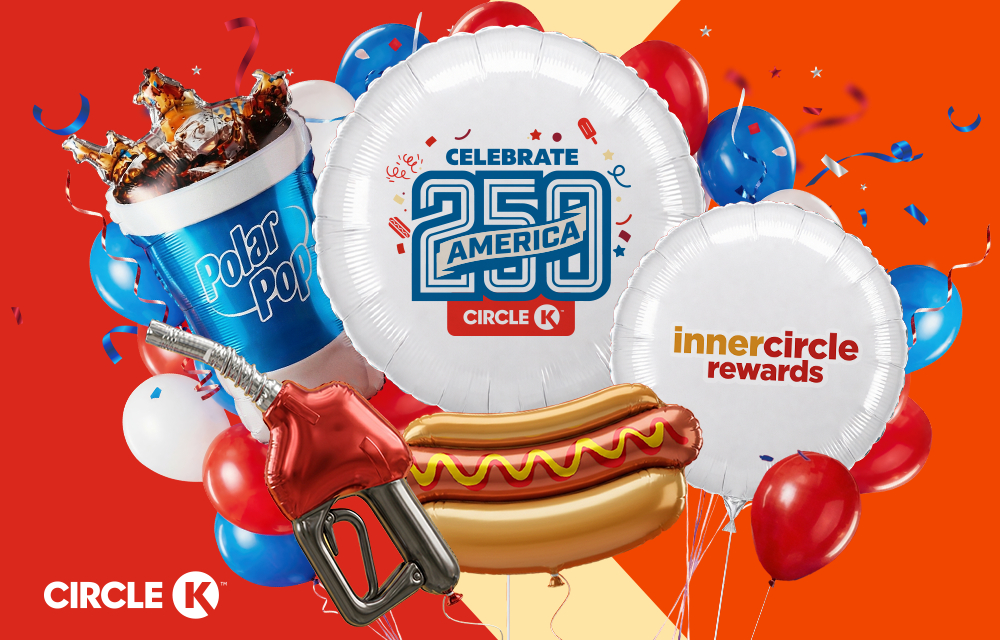 Circle K summer deals promotion image showing a polar pop, an America 250 symbol, and a gas pump.