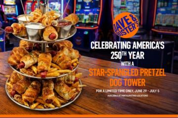 Promotional image of a three tier hot dog tower with fries for Dave & Buster's Fourth of July celebration