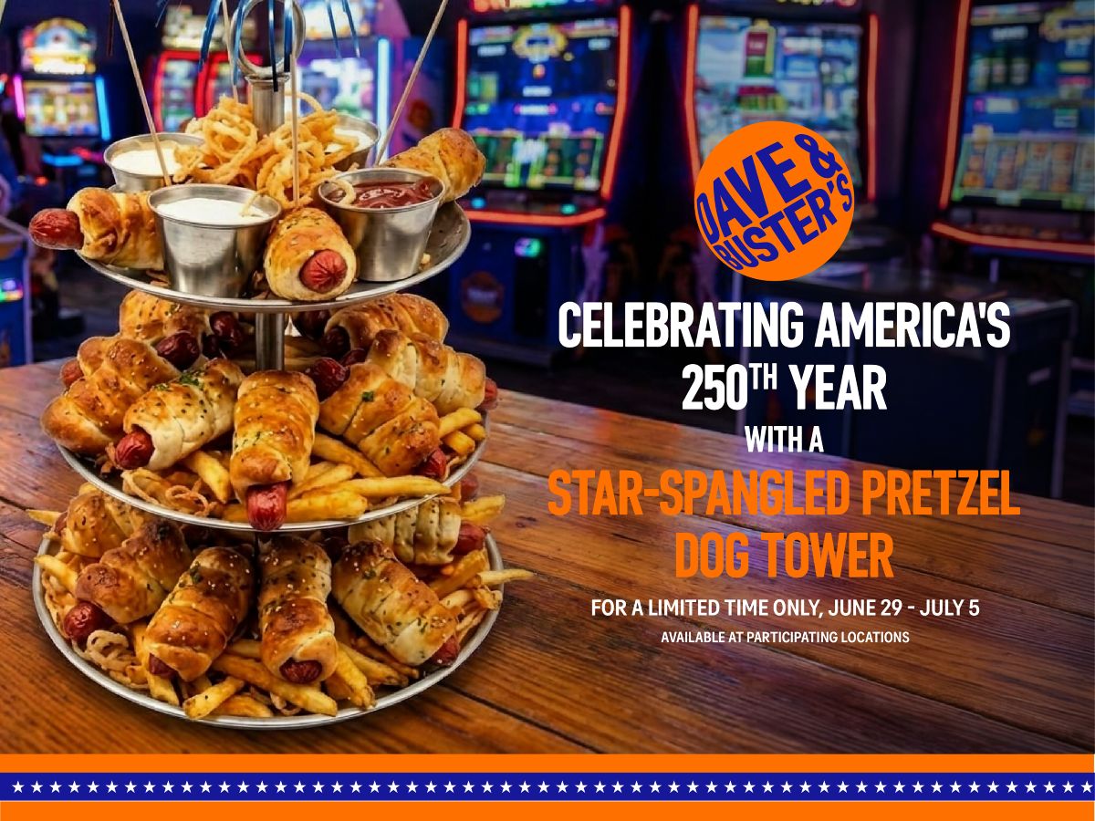 Promotional image of a three tier hot dog tower with fries for Dave & Buster's Fourth of July celebration