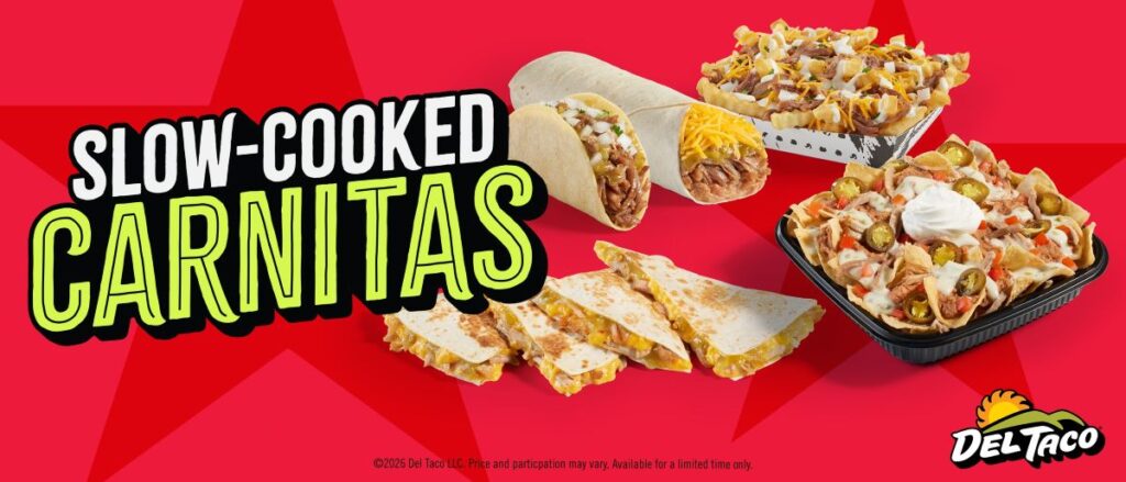 Del Taco Summer Menu 2026 promotional image showing the pork carnitas options