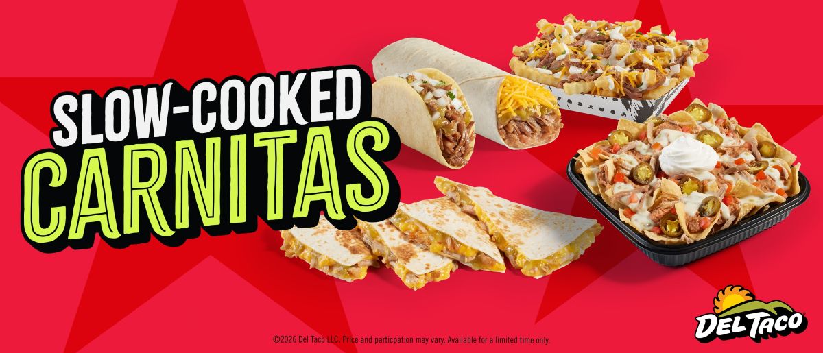 Del Taco Summer Menu 2026 promotional image showing the pork carnitas options