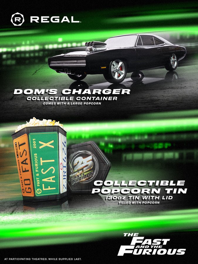 A promotional flyer from Regal theaters, featuring a black Dom's Charger collectible container that comes with a large popcorn and a 130oz collectible popcorn tin with a lid celebrating 25 years of the franchise.