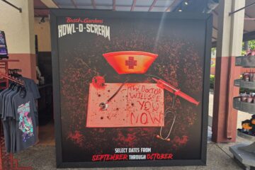 Busch Gardens Howl-O-Scream 2026 promotional display board featuring a bloody nurse hat, syringe, and clipboard reading The Doctor Will See You Now.