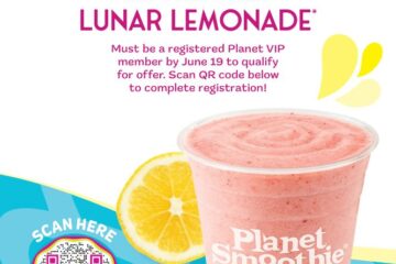 Promotional flyer for Planet Smoothie celebrating National Smoothie Day on Sunday, June 21. It features a large pink smoothie and text detailing how to get a Free Planet Smoothie Lemonade (a 20oz Lunar Lemonade). It includes a QR code to register for the Planet VIP loyalty program.